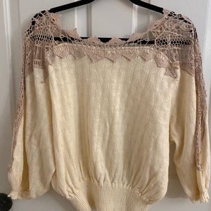 Free People cream thin sweater with lace